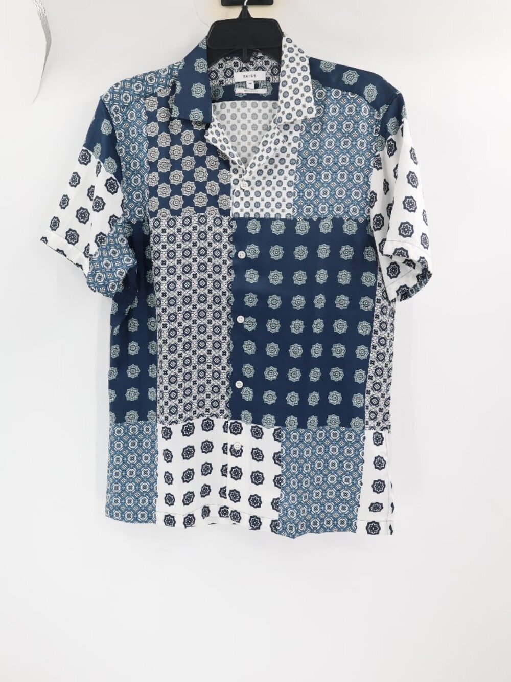 REISS shirt mens medium Jamie Patchwork Mix Print Blue Cuban Collar Button camp